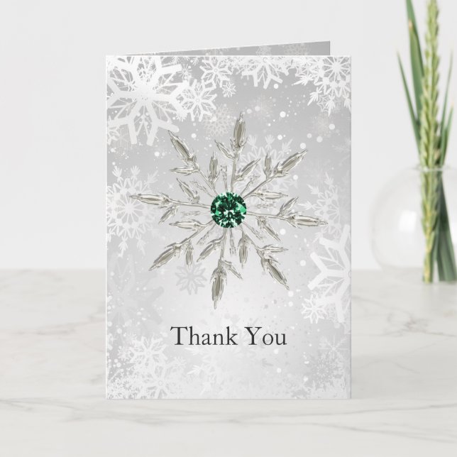 Tarjeta De Agradecimiento boda de copos de nieve verde esmeralda de plata (Anverso)