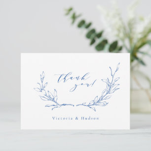 Tarjeta De Agradecimiento Boda de corona botánica de elegancia simple azul