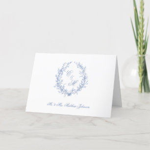 Tarjeta De Agradecimiento Boda de Corona Botánica de Monograma Azul Polvorie