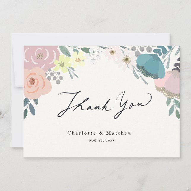 Tarjeta De Agradecimiento Boda De Crema Floral Rosa Y Azul Gracias (Anverso)
