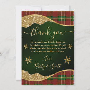 Tarjeta De Agradecimiento Boda de Cuadros de Navidad Rojo Verde y Dorado