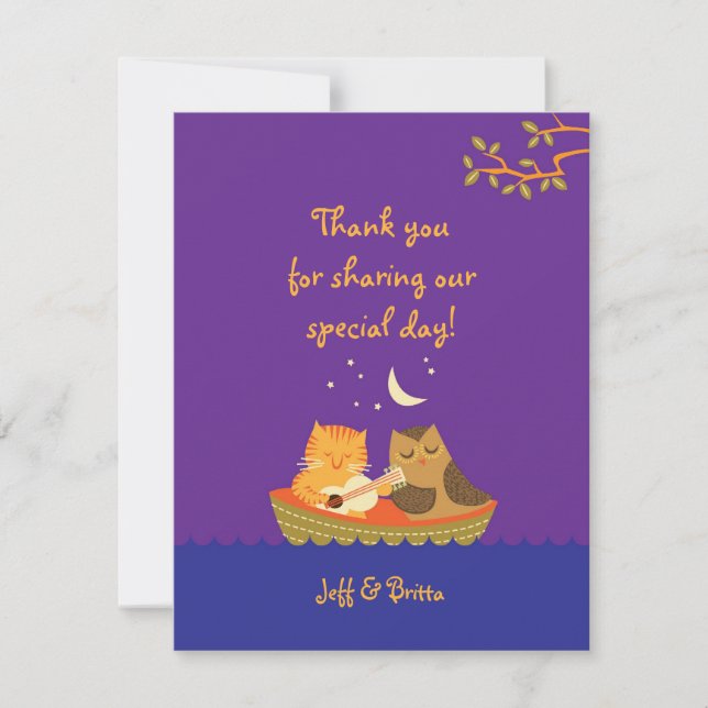Tarjeta De Agradecimiento Boda de Cuento de Hadas del Búho y el Gato (Púrpur (Anverso)