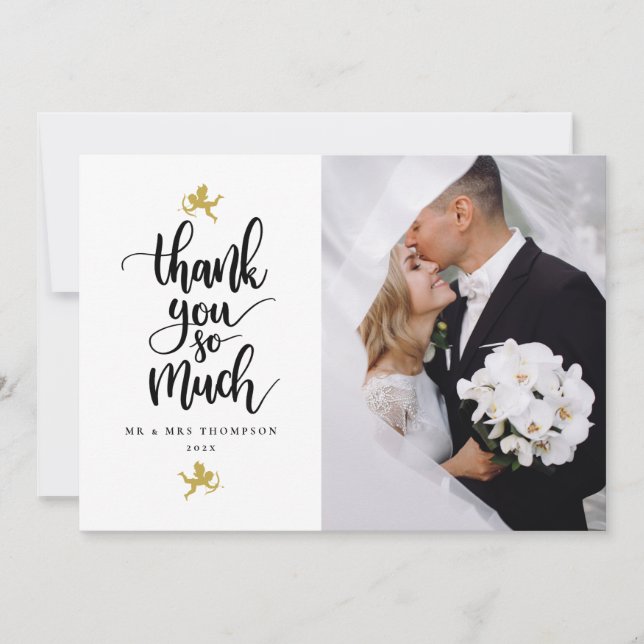 Tarjeta De Agradecimiento Boda de Cupidos de Oro. Muchas gracias. (Anverso)