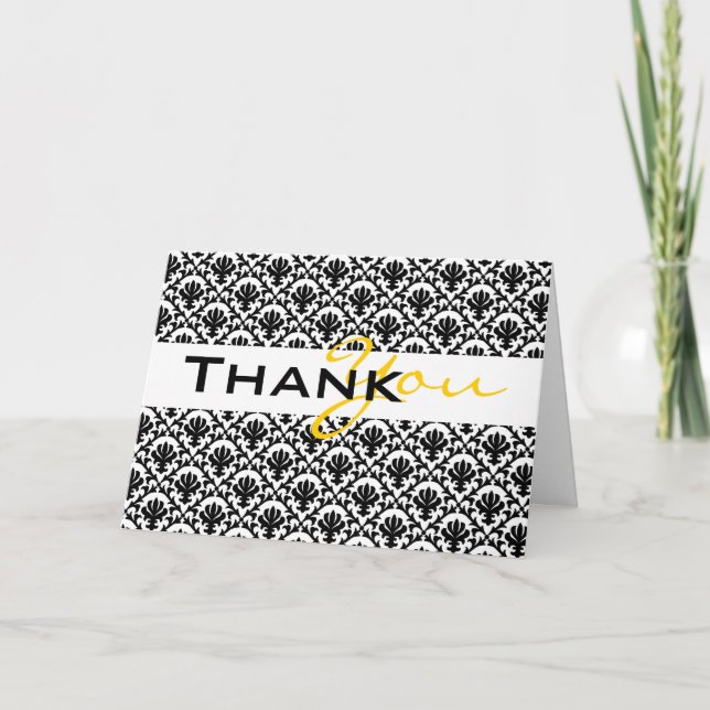 Tarjeta De Agradecimiento "boda de damasco negro amarillo "gracias"" (Anverso)