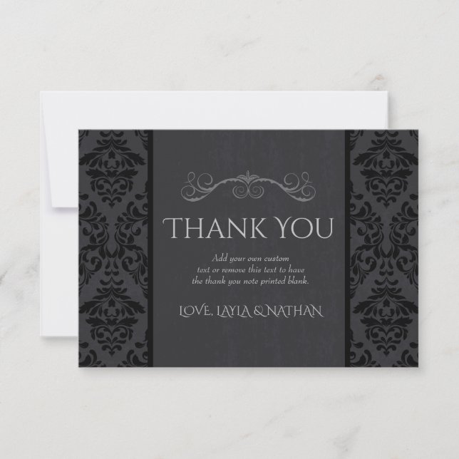 Tarjeta De Agradecimiento Boda de Damasco Negro y Gris Gracias Cartas (Anverso)