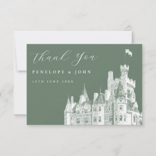 Tarjeta De Agradecimiento Boda de Destino Castillo Vintage Verde Salvia