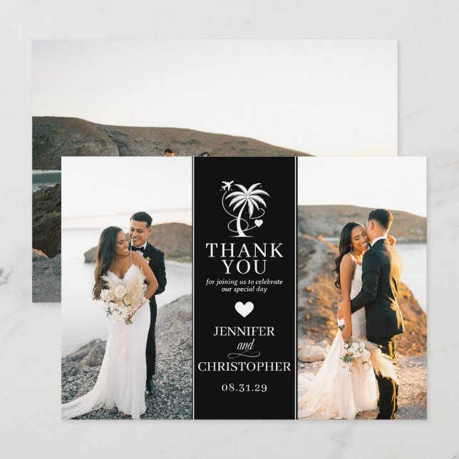 Tarjeta De Agradecimiento Boda de destino de la playa negra (Anverso / Reverso)