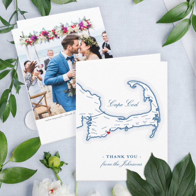 Tarjeta De Agradecimiento Boda de destino elegante de Cape Cod (Cape Cod Destination Wedding thank you cards with a map of the Cape and your photo on the back)