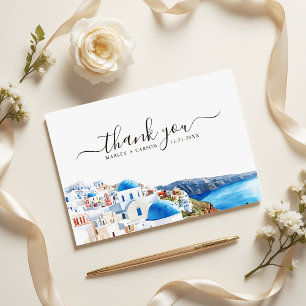 Tarjeta De Agradecimiento Boda de destino en acuarela en la isla de Santorin