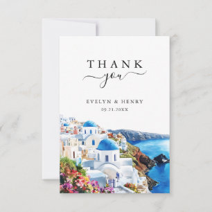 Tarjeta De Agradecimiento Boda de destino en acuarela en Santorini Grecia