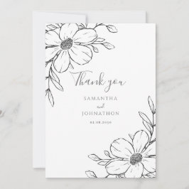 Tarjeta De Agradecimiento Boda de dibujo de la línea floral blanca negra