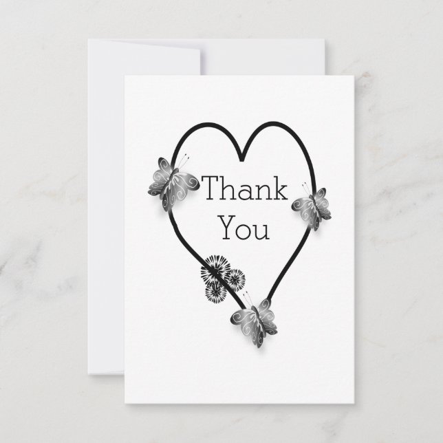 Tarjeta De Agradecimiento Boda De Diseño Cardíaco De Mariposa Blanca Y Negra (Anverso)