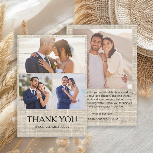 Tarjeta De Agradecimiento Boda de Diseño de Lino 4 Foto Collage Agradecimien (Linen 4-photo collage wedding Thank You card)
