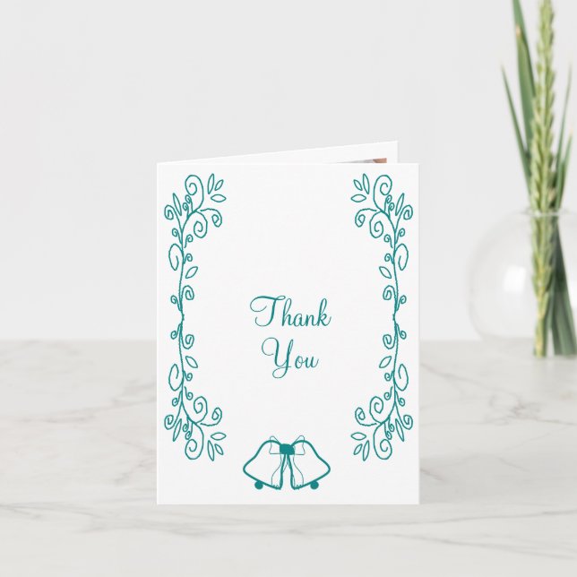 Tarjeta De Agradecimiento Boda de diseño de trabajo de Bells verde azuladas (Anverso)