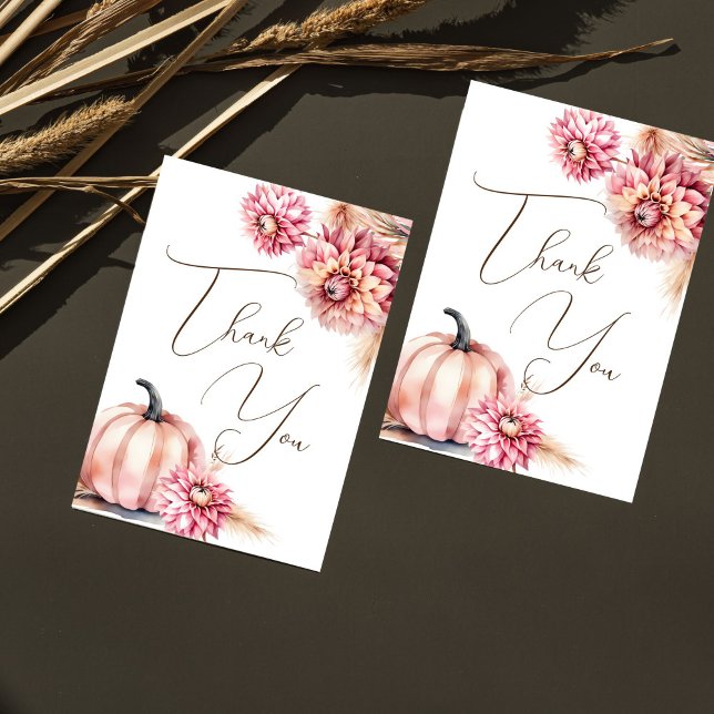 Tarjeta De Agradecimiento Boda de ducha de novia con temática de otoño graci (Fall themed bridal shower wedding thank you cards boho earthy desert pink pumpkin dahlias pampas)