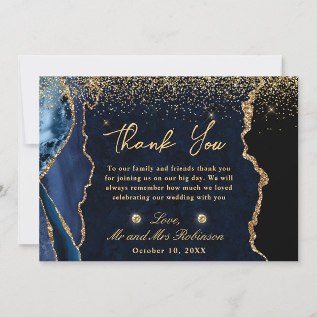 Tarjeta De Agradecimiento Boda de edad de Purpurina de imitación azul y oro  (Anverso)