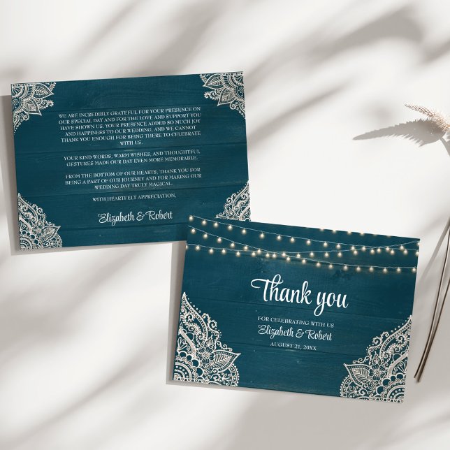 Tarjeta De Agradecimiento Boda de elegancia rusa Verde azulada oscura (Dark Teal Rustic Elegance Wedding Thank You Card on a sunny white table.)