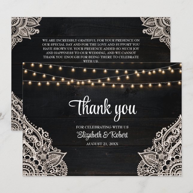 Tarjeta De Agradecimiento Boda de Elegancia Rustica Negra y Blanca (Anverso / Reverso)