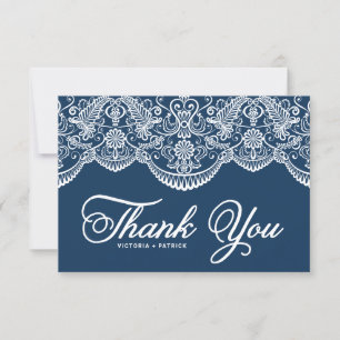 Tarjeta De Agradecimiento Boda de encaje de brocado botánico elegante azul