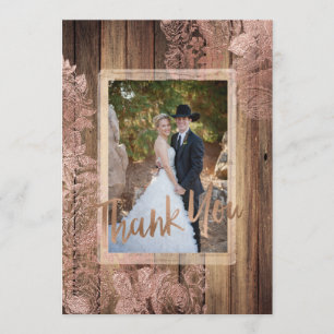 Tarjeta De Agradecimiento Boda de encaje de Rosa de madera rústica. Gracias