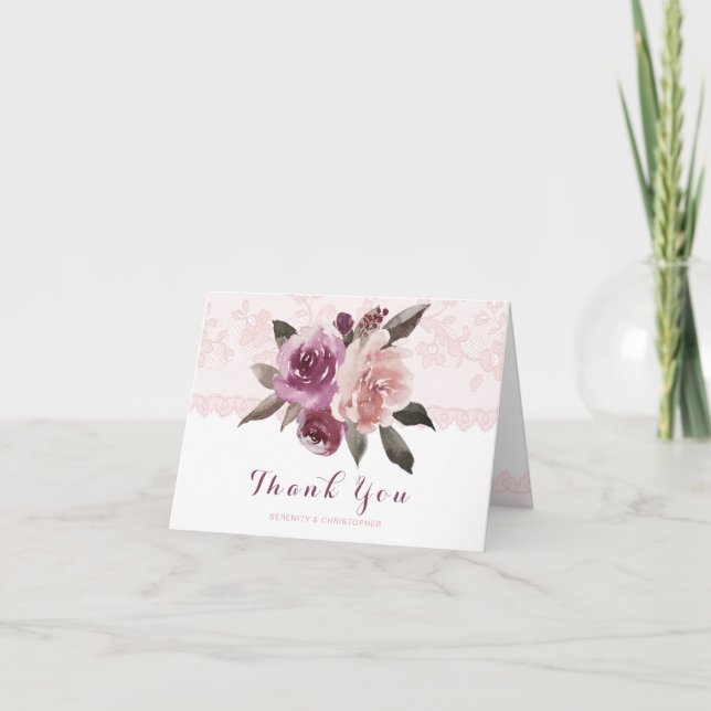 Tarjeta De Agradecimiento Boda de encaje floral de acuarela ruidosa gracias (Anverso)