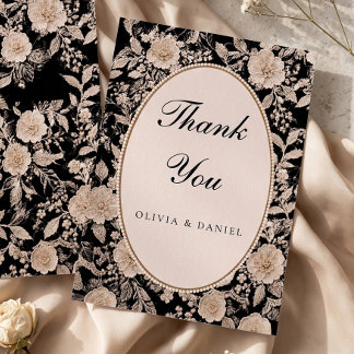 Tarjeta De Agradecimiento Boda de encaje floral de champán negro vintage 