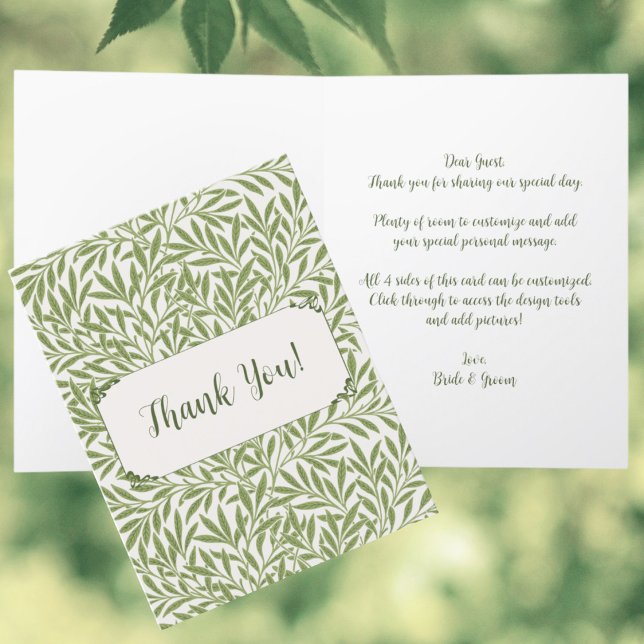 Tarjeta De Agradecimiento Boda de época, patrón de hojas salvajes victoriana (Vintage Wedding, Victorian Willow Leaves Pattern by William Morris Thank You Card)