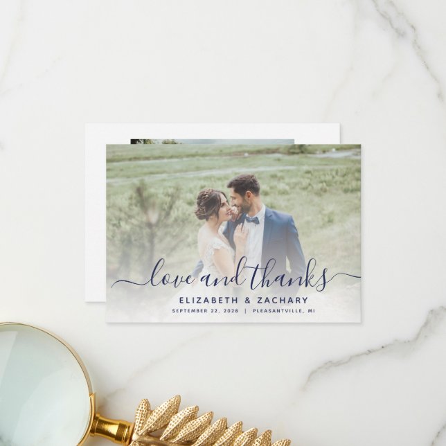 Tarjeta De Agradecimiento boda de escritura azul de la Marina de 2 fotos (Anverso/Reverso In Situ)