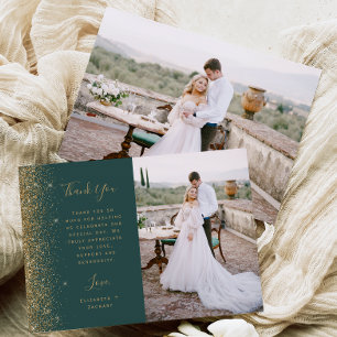 Tarjeta De Agradecimiento Boda de escritura con purpurina dorada verde oscur
