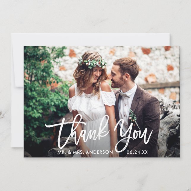 Tarjeta De Agradecimiento Boda de escritura de pincel moderno foto que (Anverso)
