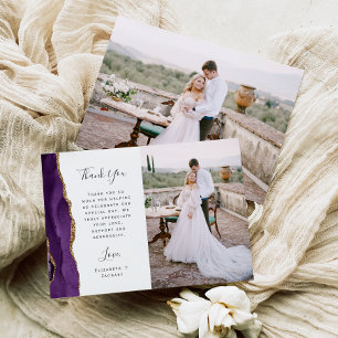 Tarjeta De Agradecimiento Boda de escritura dorada con ágata púrpura en foto