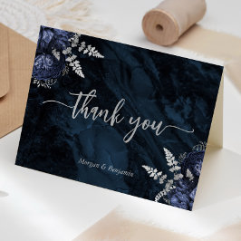 Tarjeta De Agradecimiento Boda de escritura floral azul marino plata