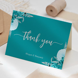 Tarjeta De Agradecimiento Boda de escritura floral de plata turquesa