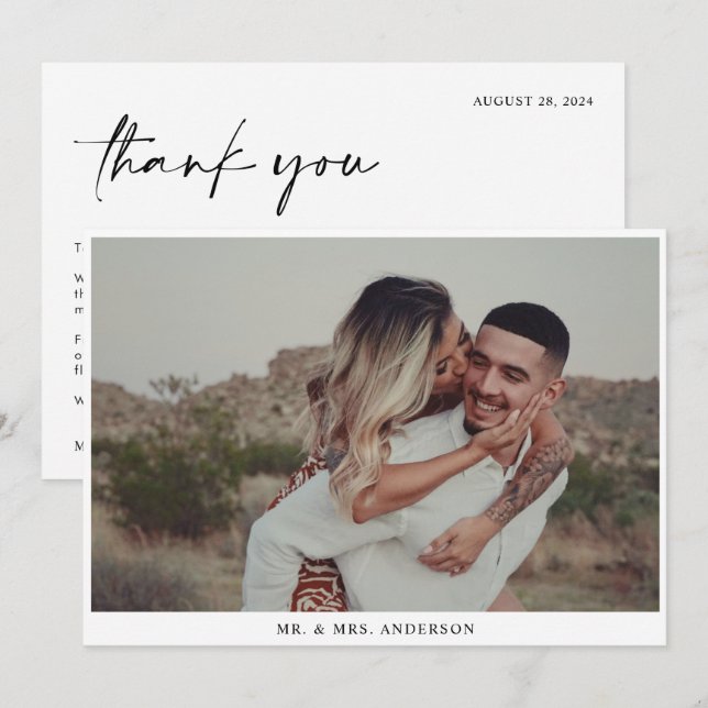 Tarjeta De Agradecimiento Boda de escritura negra caligrafía elegante simple (Anverso / Reverso)