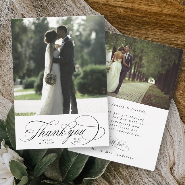 Tarjeta De Agradecimiento Boda de escritura romántica 2 Foto (Front & Back)