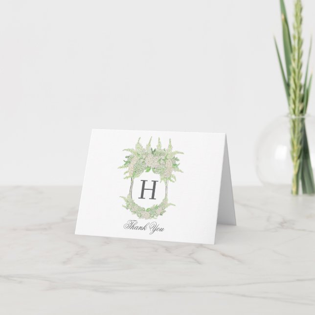 Tarjeta De Agradecimiento Boda de Escudo de hidrangea blanca y verde acuarel (Anverso)