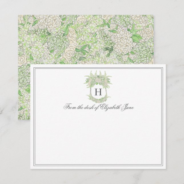 Tarjeta De Agradecimiento Boda de Escudo de hidrangea blanca y verde acuarel (Anverso / Reverso)