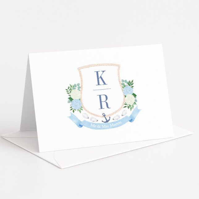 Tarjeta De Agradecimiento Boda de Escudo de tema costero de acuarela (Stylish coastal inspired watercolor couples monogram crest wedding thank you cards)
