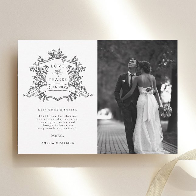Tarjeta De Agradecimiento Boda de Escudo floral Black & White Classic (Subido por el creador)