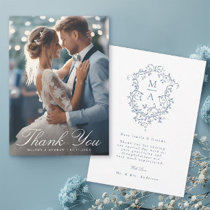 Tarjeta De Agradecimiento Boda de Escudo romántico floral azul en Francia