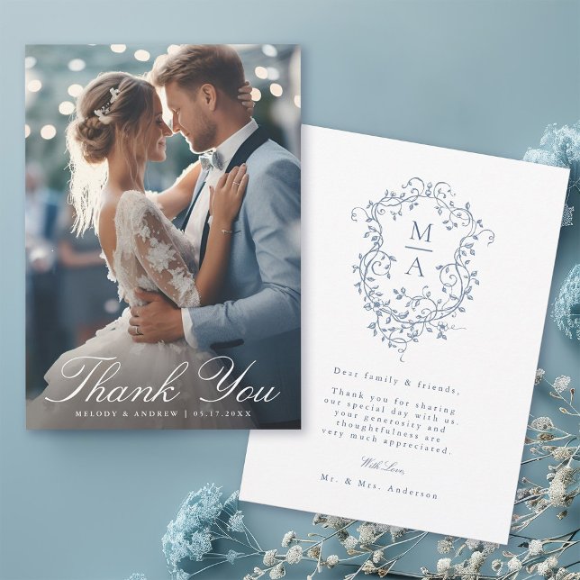 Tarjeta De Agradecimiento Boda de Escudo romántico floral azul en Francia (Front & Back)