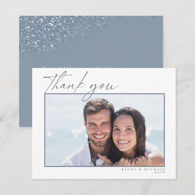 Tarjeta De Agradecimiento Boda de Esparkles Gracias Dusty Blue ID889 (Anverso / Reverso)