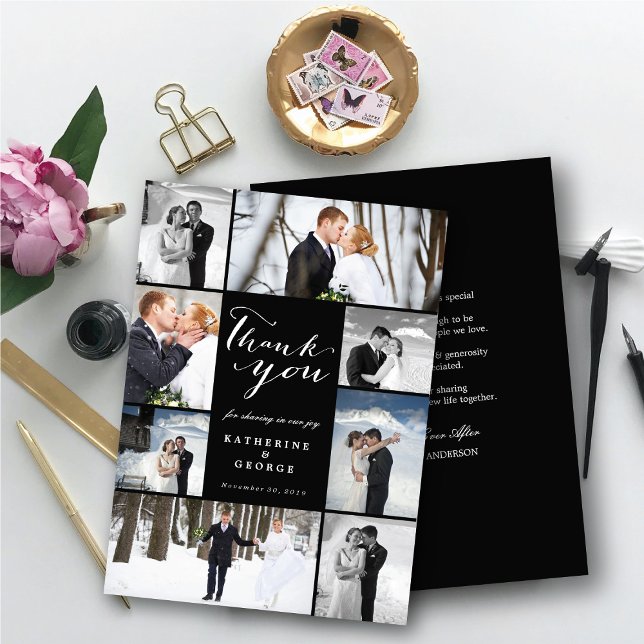 Tarjeta De Agradecimiento Boda de estilo multifotografía con estilo moderno  (Modern Classy Script 8 Multi Photo Collage Stylish Wedding Thank You Card @ fatfatin_blue_knot)