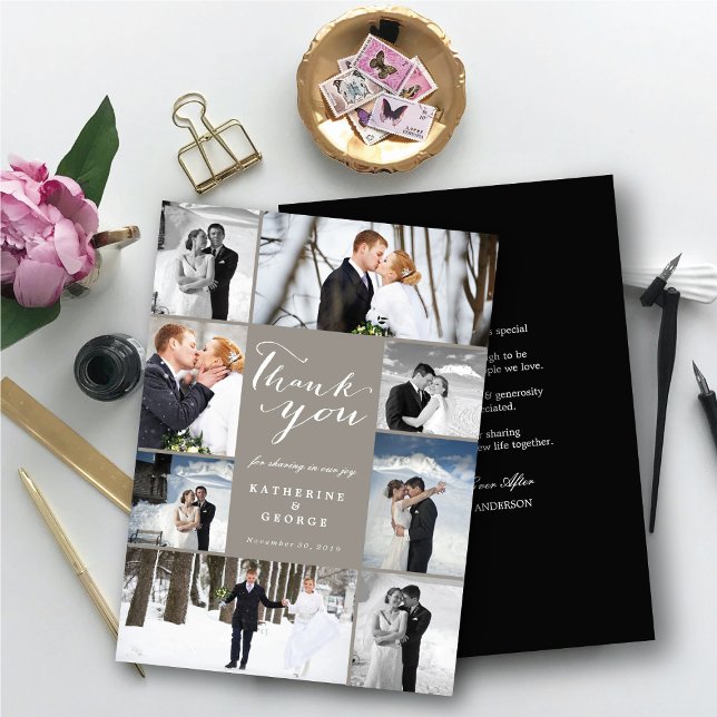 Tarjeta De Agradecimiento Boda de estilo multifotografía con estilo moderno  (Modern Classy Script 8 Multi Photo Collage Stylish Wedding Thank You Card @ fatfatin_blue_knot)