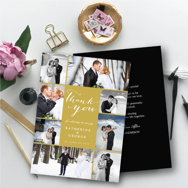 Tarjeta De Agradecimiento Boda de estilo multifotografía con estilo moderno  (Modern Classy Script 8 Multi Photo Collage Stylish Wedding Thank You Card @ fatfatin_blue_knot)