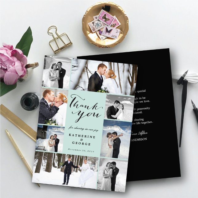 Tarjeta De Agradecimiento Boda de estilo multifotografía con estilo moderno  (Modern Classy Script 8 Multi Photo Collage Stylish Wedding Thank You Card @ fatfatin_blue_knot)