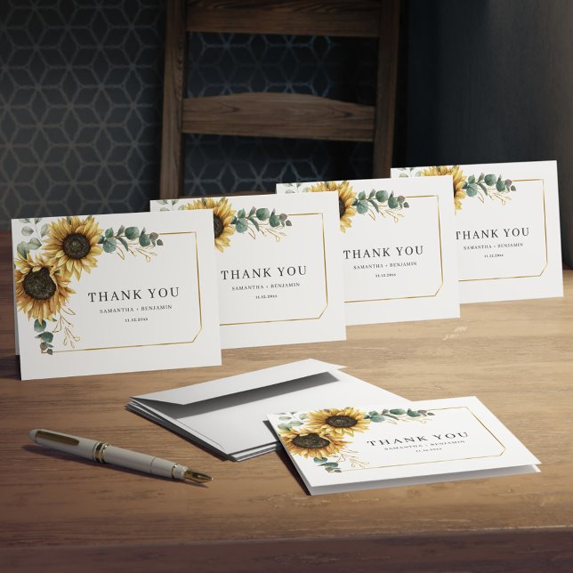 Tarjeta De Agradecimiento Boda de Eucalipto floral de girasol (Floral Sunflower Greenery Watercolor Wedding Thank You Folded Card)