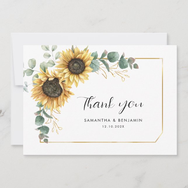 Tarjeta De Agradecimiento Boda de Eucalyptus de girasol floral (Anverso)