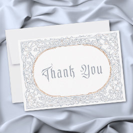 Tarjeta De Agradecimiento Boda de Fantasía Medieval con Grabado Azul y Dorad