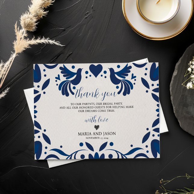Tarjeta De Agradecimiento Boda de Fiesta Elegante de Floral Azul Otomí (Mexican Otomi Blue Floral Elegant Fiesta Wedding Thank You Card)